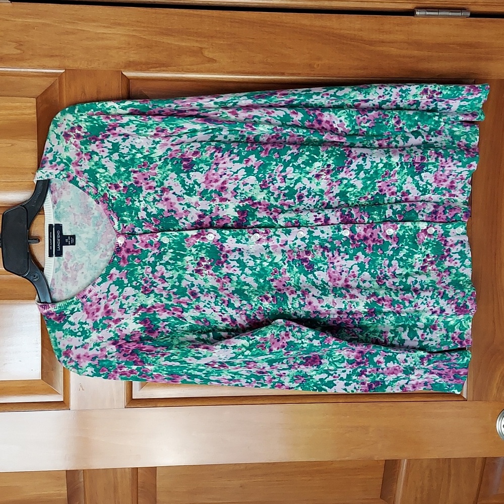 Lands' End Crew Neck Green & Purple Floral Cardigan Sweater, Size 1X, Like New▪︎